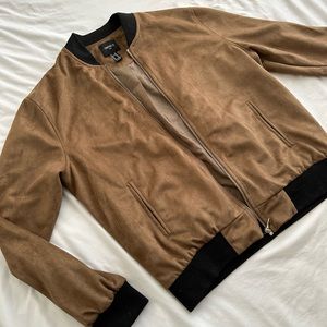FOREVER 21 Suede-Like Bomber Jacket with Black Cuffs — Beige/Tan/Brown/Camel Med